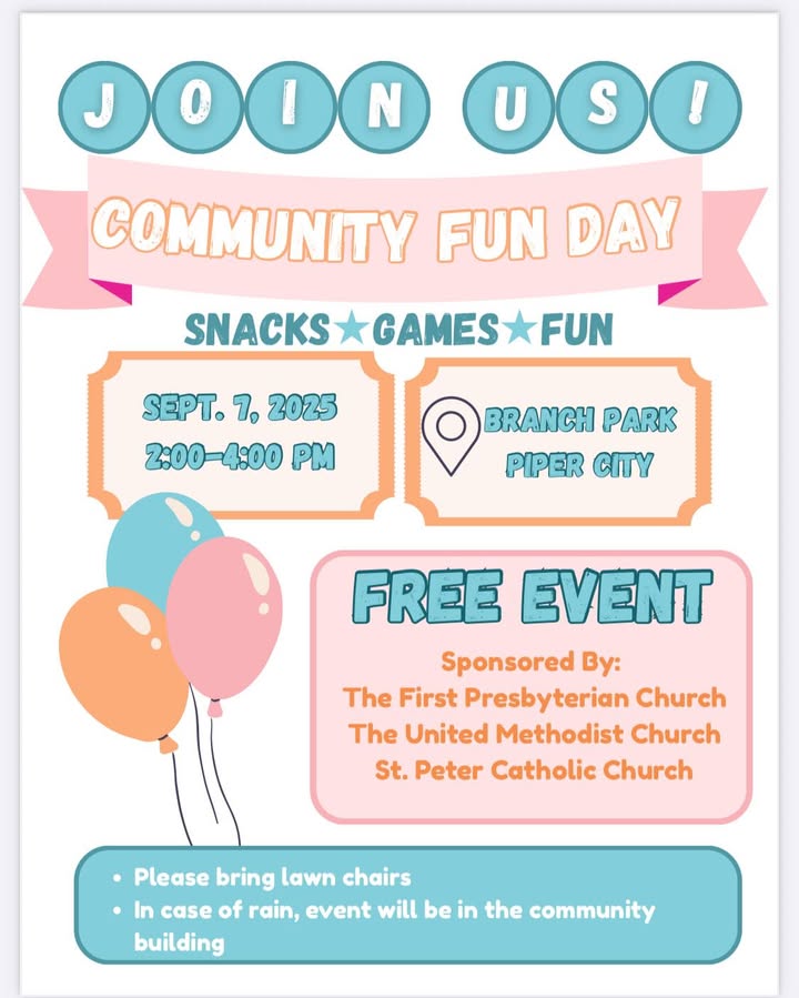 Community Fun Day flyer with balloons and event details